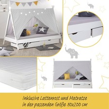 Lit Enfant Tipi Matelas 90x200 Cabane Blanc Sommier à Lattes Tiroir Homestyle4u