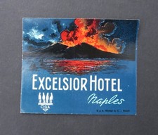 Ancienne étiquette EXCELSIOR HOTEL NAPLES Vésuve Volcan Ciga valise label