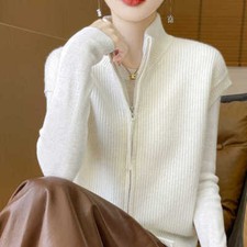 Femme Tricot Gilet Cardigan Col Montant Gilet Pull sans Manche Fermeture Éclair