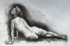 Croquis de femme nue à demi allongé - Fusain (Oeuvre originale) signée