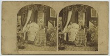 Stéréo 1860-70. Scène de genre légendée "Le déjeuner". Femme au lit. Domestique.