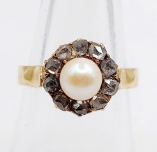 Bague marguerite antique or rose 18k perle et diamants taille roses (circa 1900)