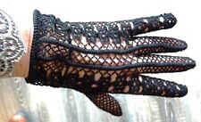 Paire de gants anciens noirs fait main au crochet en fil résille fleurs taille 6