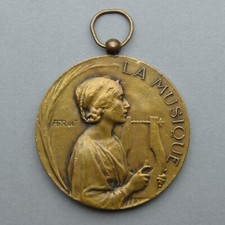 French Large Medal. Woman, Female, Marianne, Lyre, Music. Art Nouveau Pendant.
