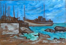 Grand tableau XXe de Henri André Martin paysage marin avec bateaux au port