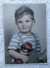 circa 1940's Photograph of small boy holding Pinocchio doll (+ mat-frame, more) 