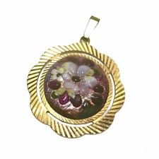 Ancien Pendentif Plaqué Or Orné Cabochon Émail De Limoges Fleurs