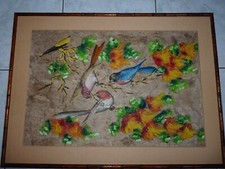 Superbe ancien tableau peinture sur carton avec des oiseaux