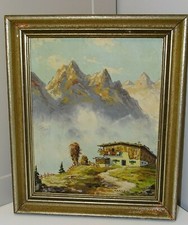 *PEINTURE SUR CARTON ENCADREE par KARNER PAYSAGE MONTAGNEUX MONTAGNE très déco