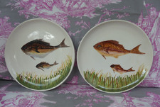 Lunetta Vallauris 2 Assiettes Poissons céramique décor Main 22,7cm diamètre