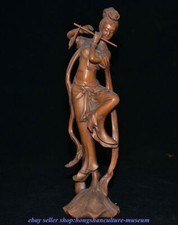 8.8 " Old China Boxwood Wood Carved Dynasty Beauty Woman Play the flute Statue