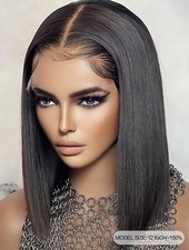 Perruque Naturelle Indétectable Femme Wig Courte Carré Noir Lisse 30cm +1 Bonnet