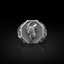 Bague chevalière loup lune