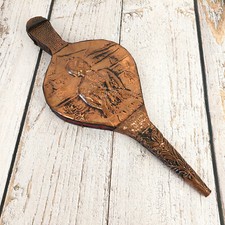 Grand soufflet de feu vintage français cuivre gaufré & bois cuir Art Populaire