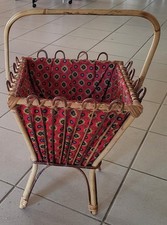 ANCIENNE TRAVAILLEUSE EN ROTIN ET TISSU  PANIER COUTURE ANNEES 70-40X33CM 