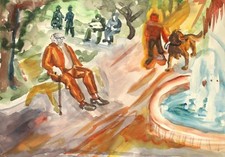 Tableau aquarelle impressionniste vintage paysage parc fontaine