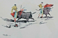 Lithographie, gravure sur la tauromachie, scène d'arène, signature Terruella.