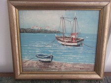 huile sur toile MARINE Signée BARTON/peinture paysage de mer/huile bateau marine