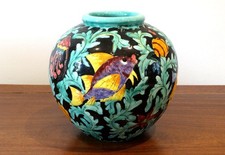 Vase boule Cerart Monaco 3860P à motifs marins turquoise sur fond noir
