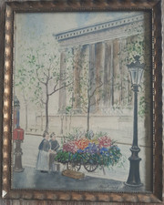 Joseph BONTEMPS (1906-1978) Aquarelle 1928 Paysage Marché Fleurs Animé Paris