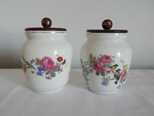 2 ANCIEN Pots en Porcelaine à Décor Floral Oiseaux Avec Couvercle en BOIS