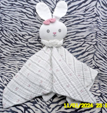 ?MATHILDE M DOUDOU LAPIN LANGE  BLANC GRIS NOEUD ROSE PLAT CARRE 35/35CM NEUF