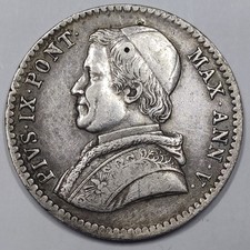 Rare Monnaie Argent, 20 Baiocchi 1850 (an. V) Pius IX - VATICAN (trouée)
