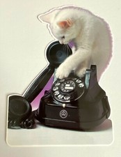 Grande CARTE NEUVE vintage CHATON CHAT BLANC au téléphone Adorable ! 19 x 13,6cm