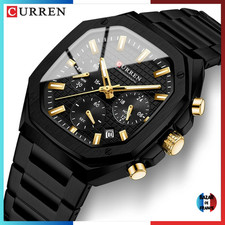 ✅ Montre Homme Quartz - Curren 8459 cadran noir chronographe bracelet acier noir