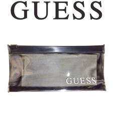 GUESS BLACK PLASTIC SEE THRU POUCH PENCIL CASE MAKEUP JEWELRY COIN OR PHONE BAG 