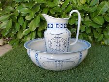 ancien ensemble toilette broc cuvette tôle émaillée bleu blanc Austria
