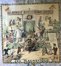 Imagerie du jeu Jockos Singes savants Original Saussine 1910 Chromo Découpage