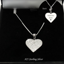 925 Argent Sterling Collier Coeur, Personnalisé, Gravé, Scintillant Cz Cristaux