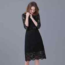 Robe Femme Jupe Longuette Vintage Mousseline Dentelle Noire Élégant Satin 42401