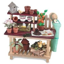 Poupées Maison Poterie Banc avec Fleurs Plante Pots Outils & Accessoires Reutter