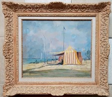 Tableau Ancien Encadré La Plage à Arcachon Huile Signé Jean Adrien Mercier