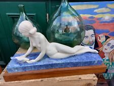 Guero Art Déco Craquelé Céramique Femme Nue au Pigeon Signé