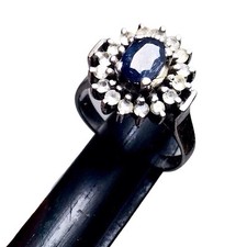 Vintage Superbe Bague Argent Orné D’un Saphir Entouré De Zircon Mode Taille 50