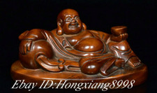 China Boxwood Wood Hand Carved Happy Laugh Maitreya Buddha Yuanbao Wallet Statue