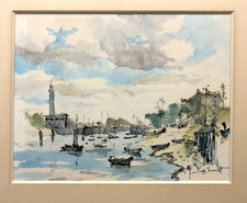 Encre et aquarelle de Jean Pierre Laurent l'entrée du port et Phare vers 1970