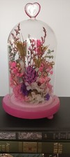 Cloche Rose Dome verre avec coeur,  fleurs séchées
