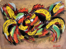 Gouache Pierre BOSCO Combat Coqs Ferme poulet Animaux Gaulois France Asie 1960