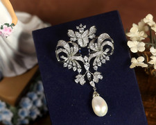 Broche & Pendentif Floral Bleu Vraie Perle Blanc Belle Epoque Style Rhodié XZ23
