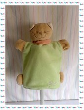 C - Doudou Semi Plat Marionnette Chat Vert Beige Rose " Patou "  Bengy
