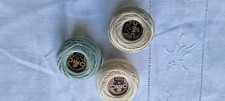 3 pelotes  10g coton à broder perlé DMC n° 12 D.M.C.  écru, vert, gris vert