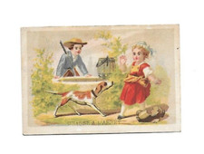 ancien chromo publicitaire h. 6,2 cms rencontre love chasse chien
