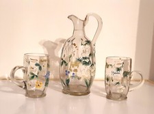 Ancien Service à Orangeade Verre Émaillé avec fleurs et dorures