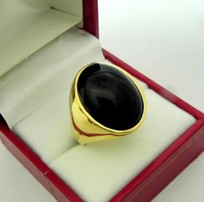 Bague cadeau homme en onyx noir coupe ovale chevalière jaune 14 carats or vér...