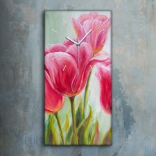 Horloge décorative sur toile 30x60 Art Tableau Fleurs Floral Tulipes peinture