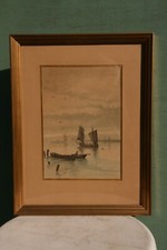 tableau dessin pastel barque au bord de l'eau signé et daté 1895 .
